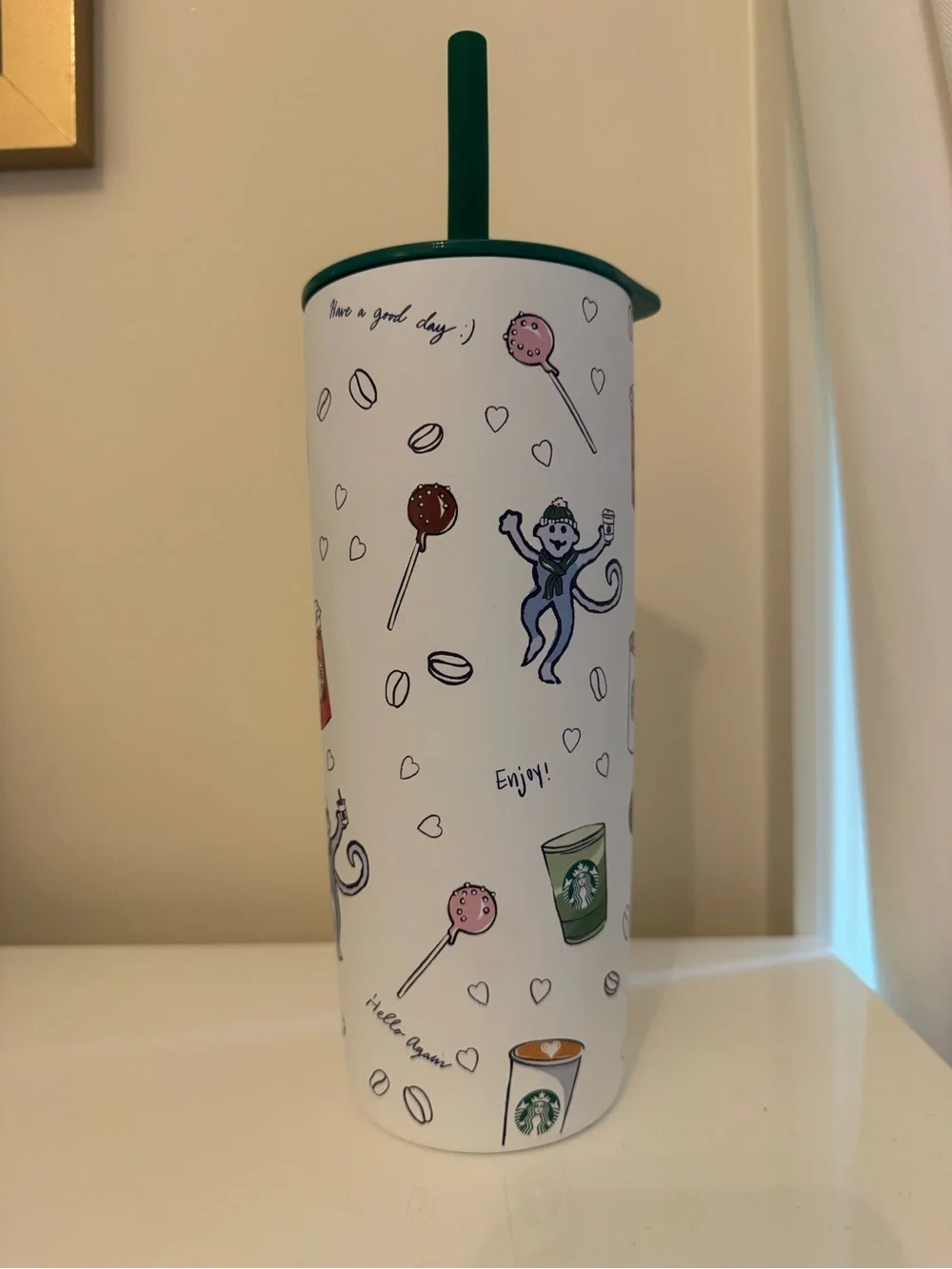 Starbucks x Roller Rabbit White Tumbler with Green Straw and Multicolor Print